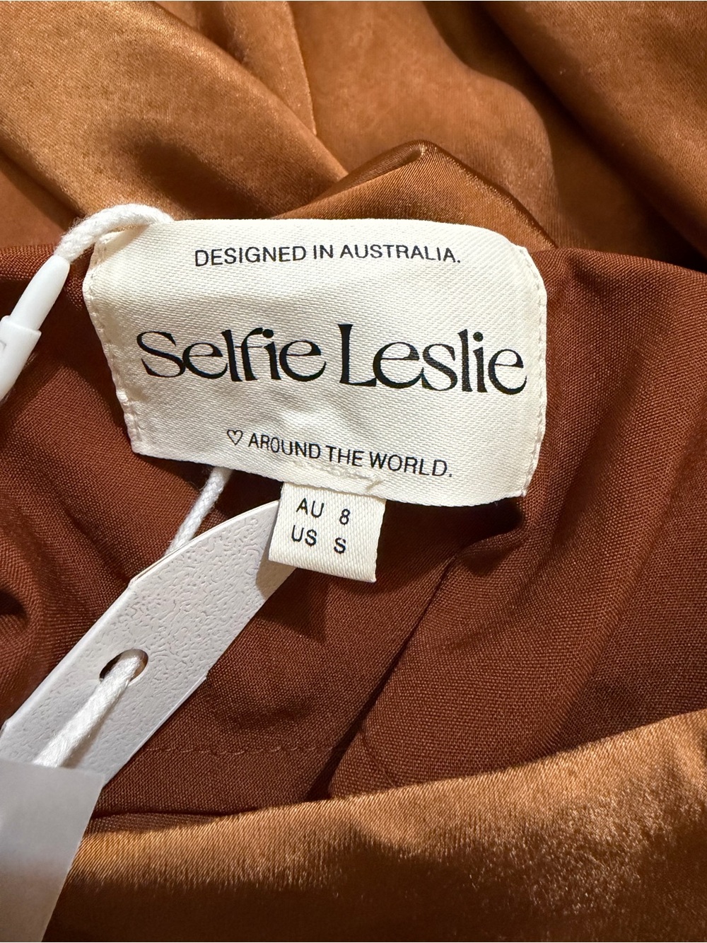 Brand New Selfie Leslie Satin Cowl Slip Midi Dress in Rust - Picture 4 of 5
